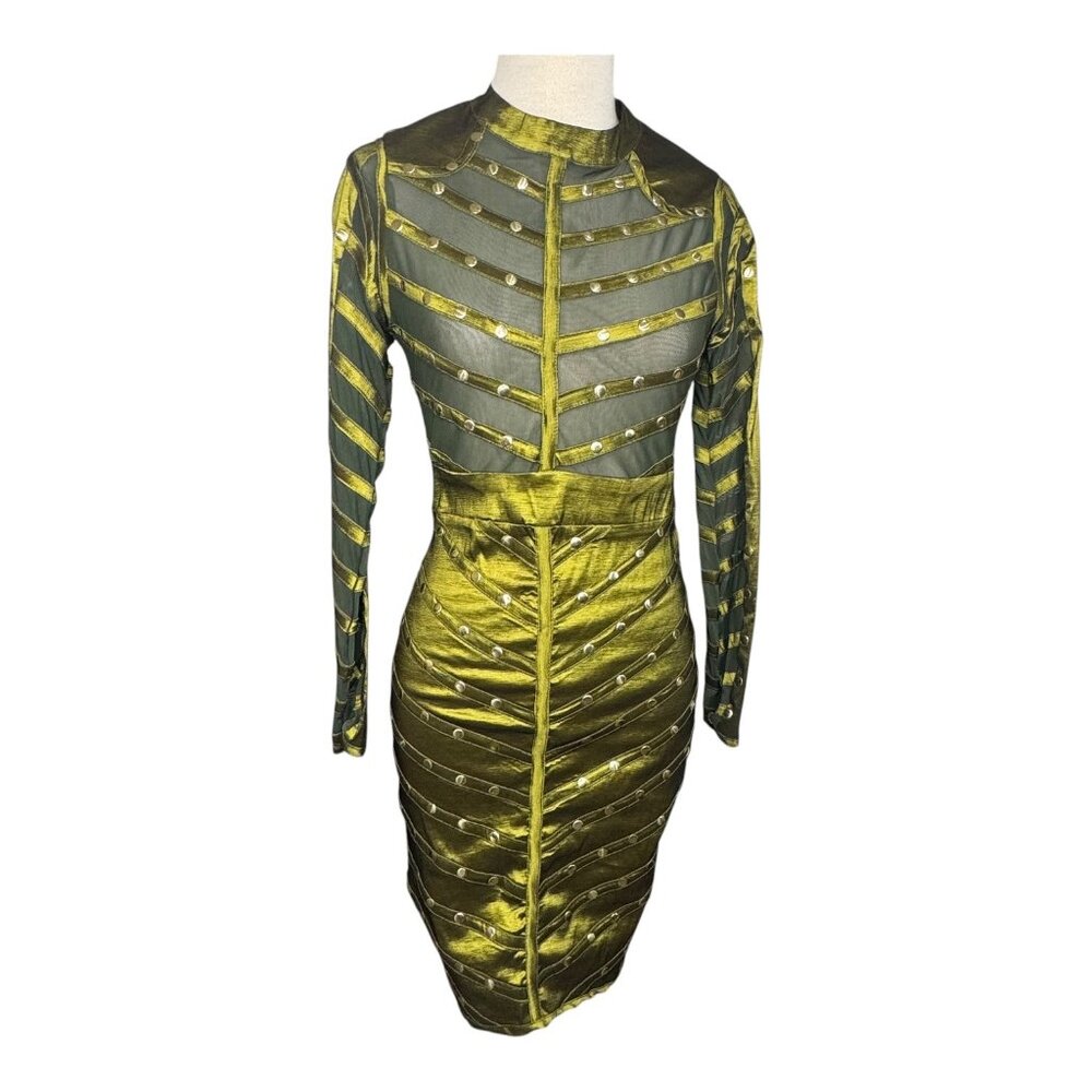 Studded Mesh Bandage Sexy Metallic Green Bodycon Mini Dress - Picture 2 of 10